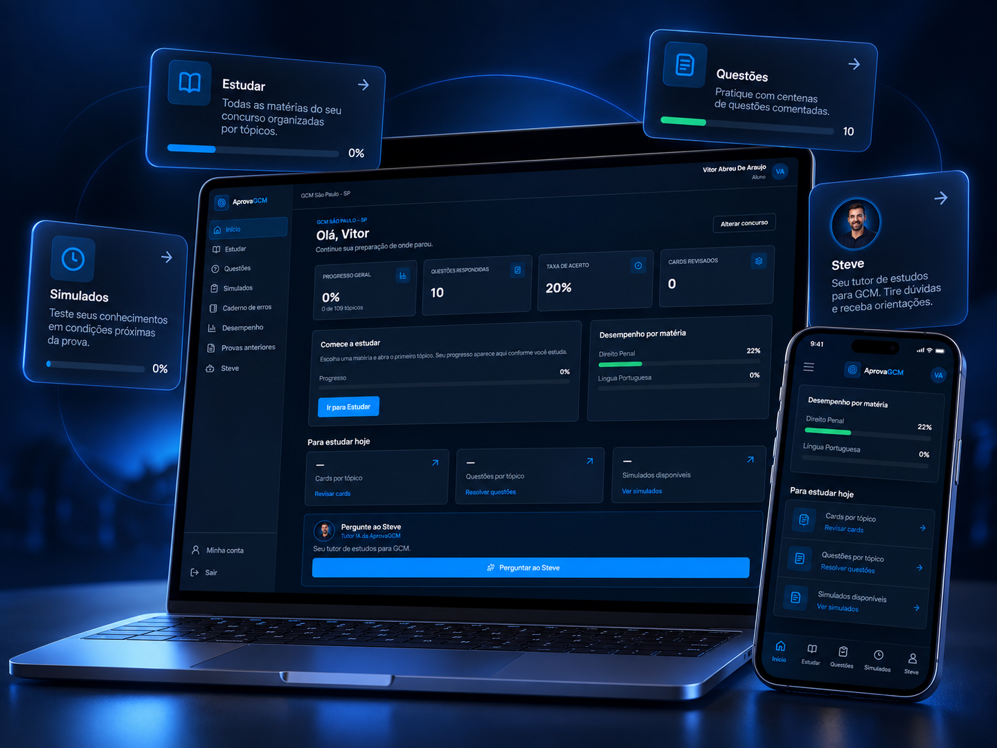 Plataforma AprovaGCM no computador e no celular, com painel de desempenho, simulados e o tutor Steve